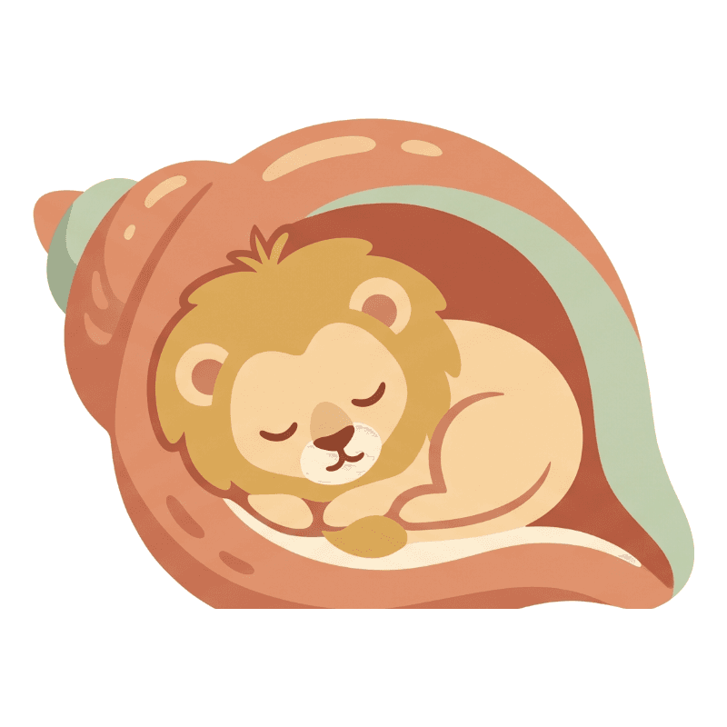 Sleeping lion curled inside a seashell