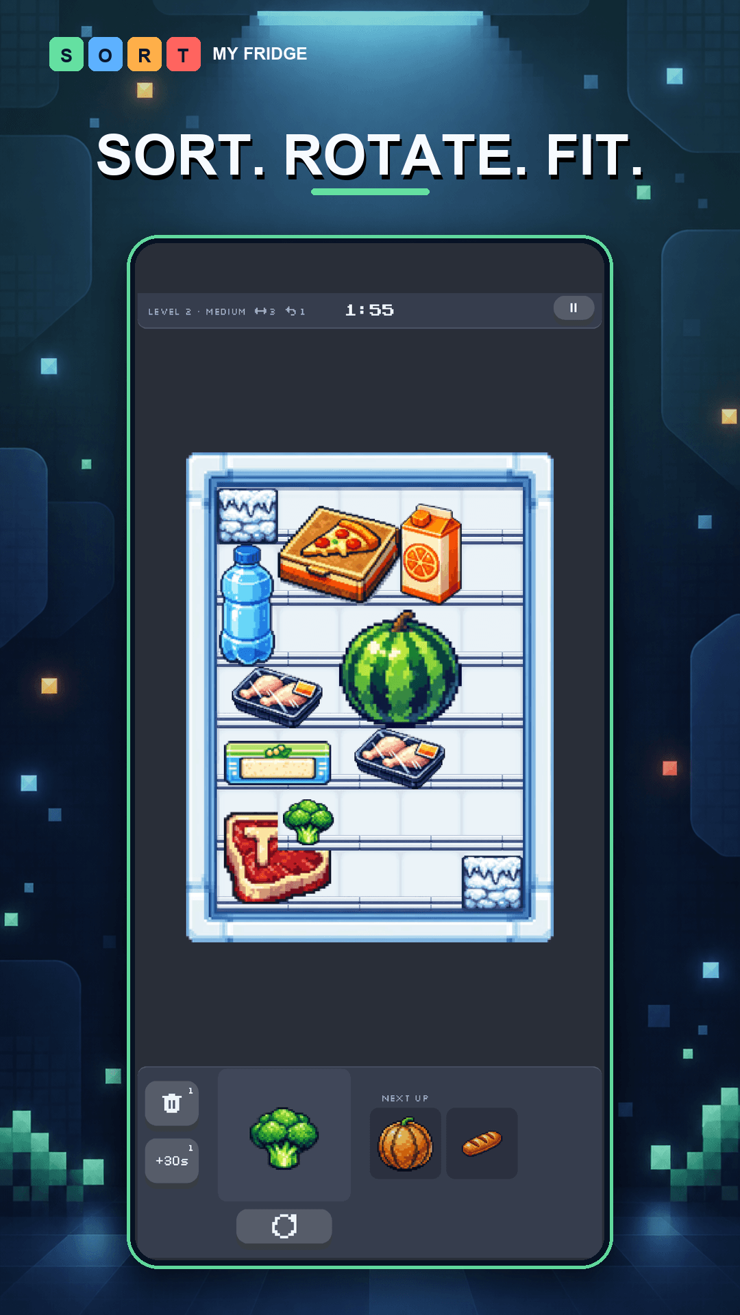 Sort My Fridge gameplay with groceries being sorted, rotated and fitted around the fridge