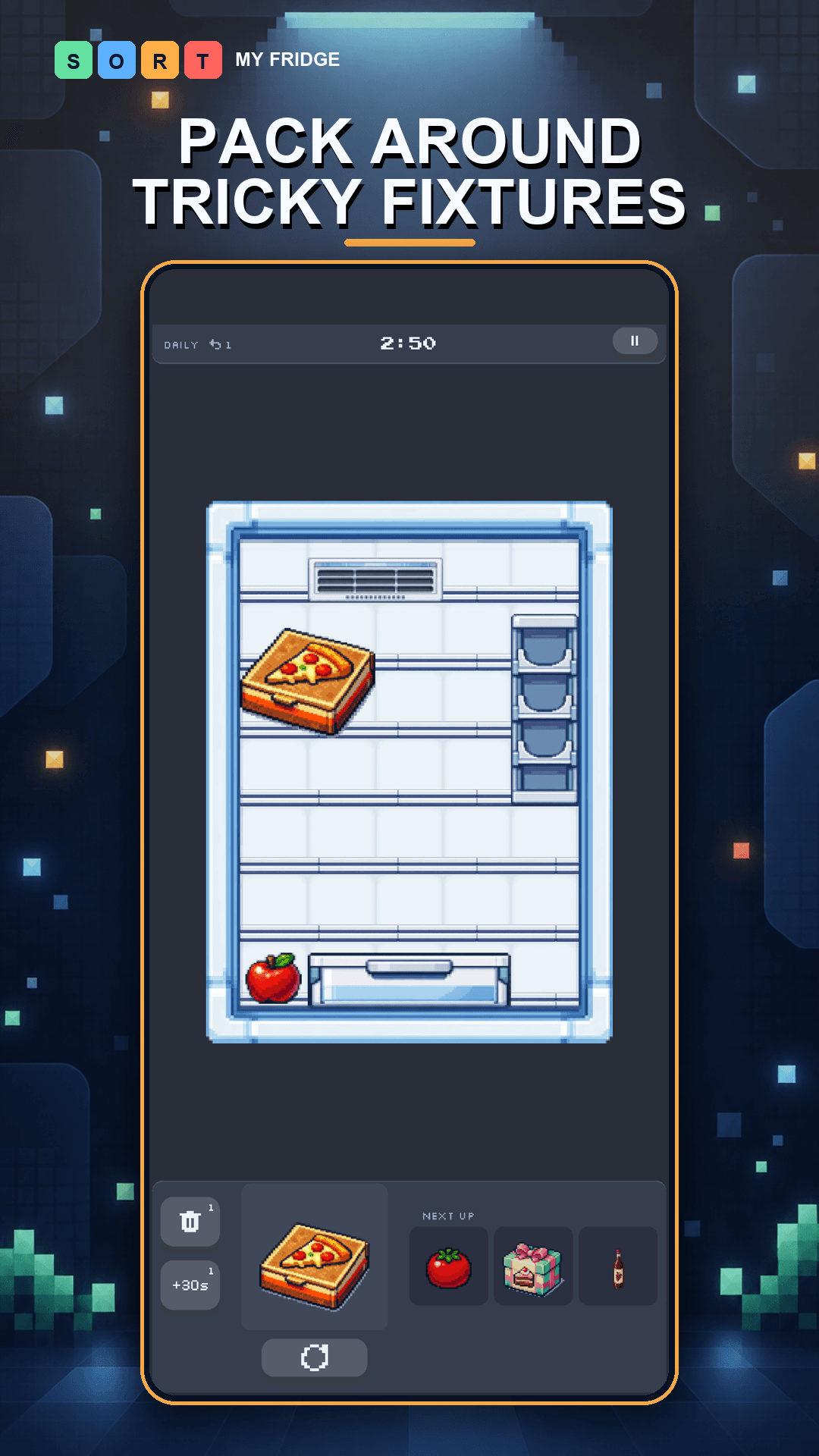 Gameplay demonstrating how groceries must be packed around fridge fixtures
